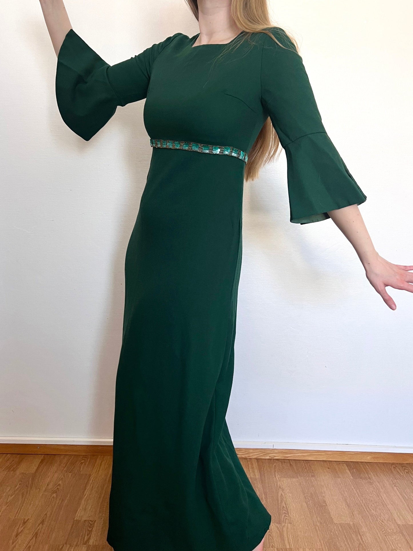 70s green flared sleeves dress, Size S