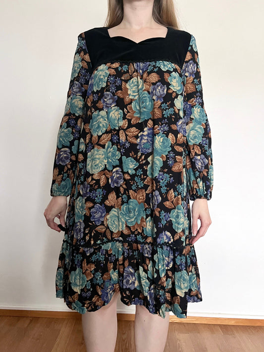70s floral and black velvet dress, Size S