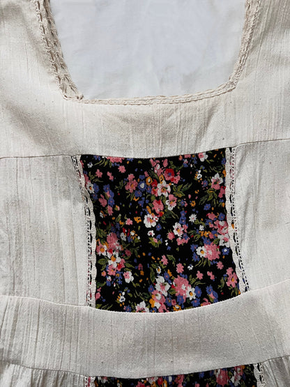 70s cotton cream and floral maxi dress, Size S