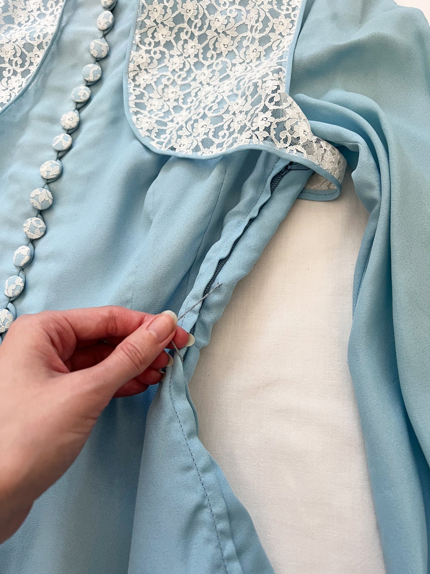 60s blue mini dress with lace vest, Size XS