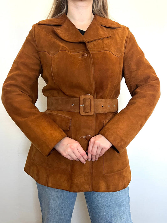 Vintage 1970s brown suede jacket with a belt