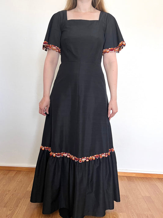 60s black square neckline dress, Size S