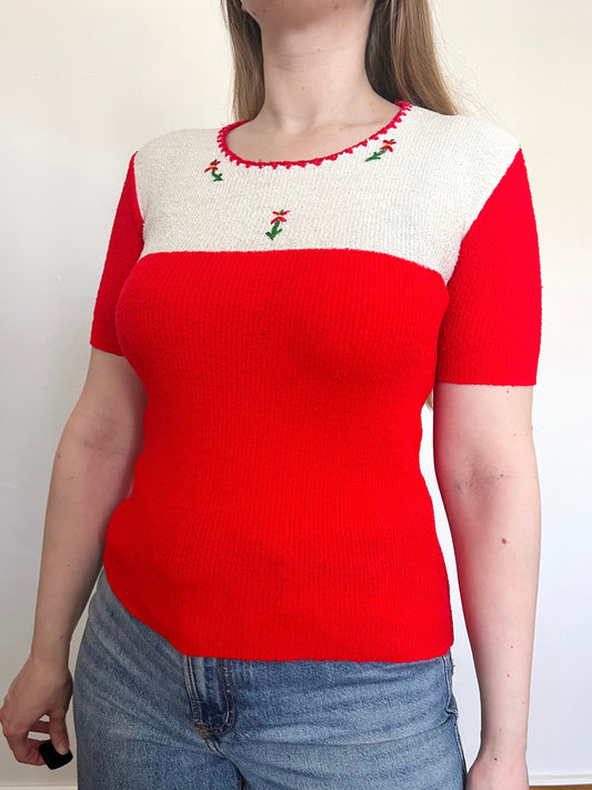 70s red and white knit summer top, Size XS-S