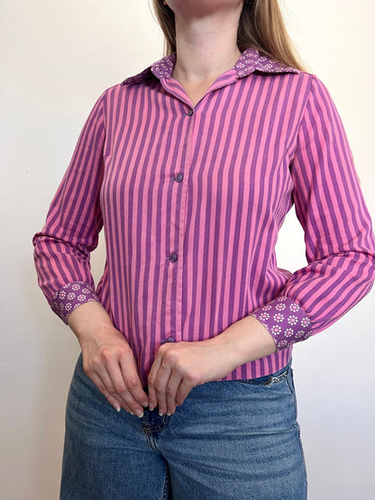 60s pink and purple stripes and flower shirt, Size S