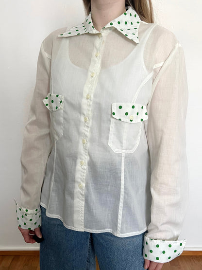 60s white and green polka dot shirt, Size L-XL