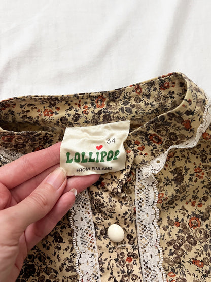 70s beige floral dress, Size XS-S