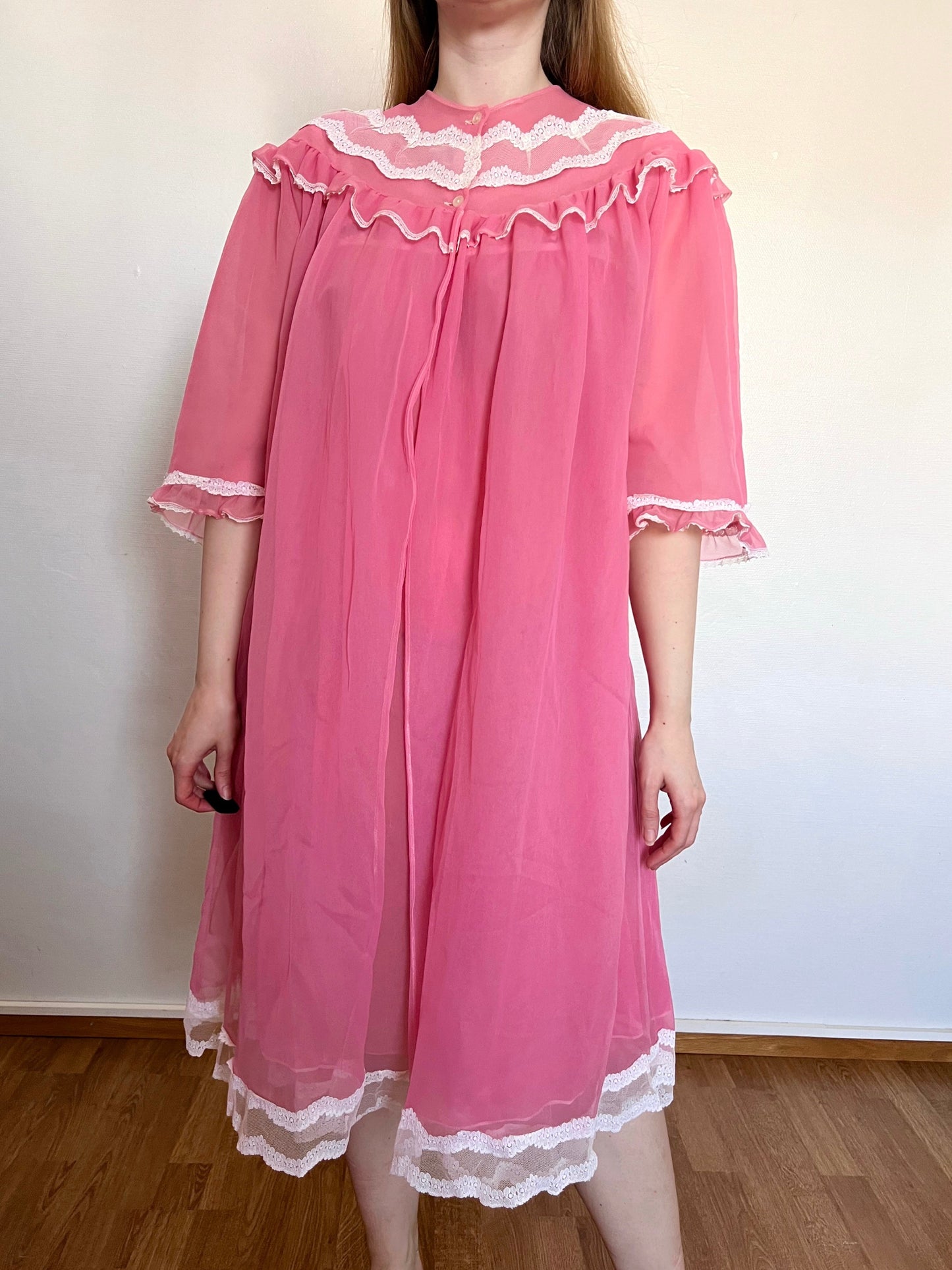 60s romantic pink peignoir set, Size L