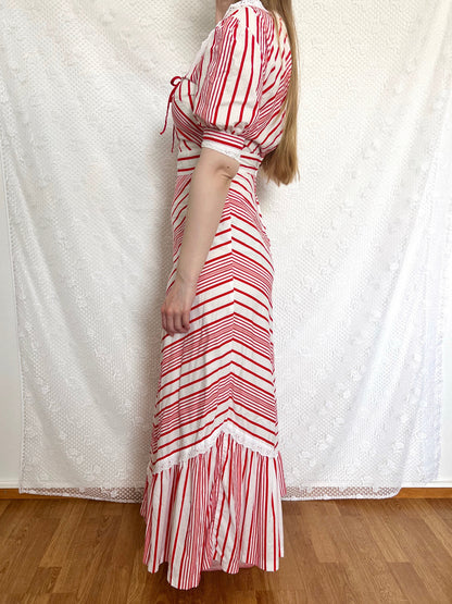 70s cotton red and white stripes maxi dress, Size XS-S
