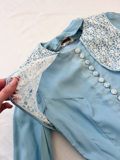 60s blue mini dress with lace vest, Size XS
