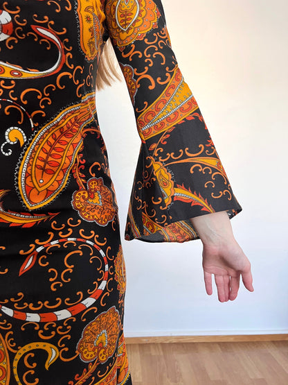70s paisley pattern and wide sleeves dress, Size S