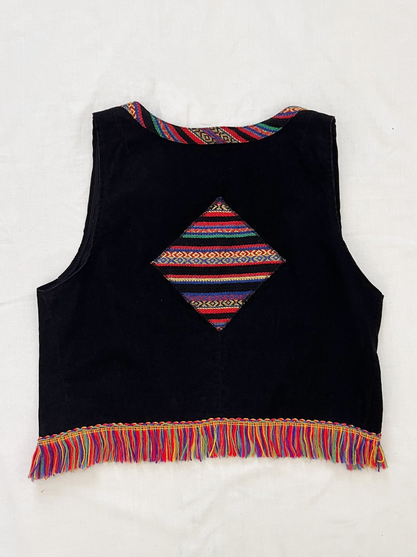 70s black vest with colorful fringe, Size XS