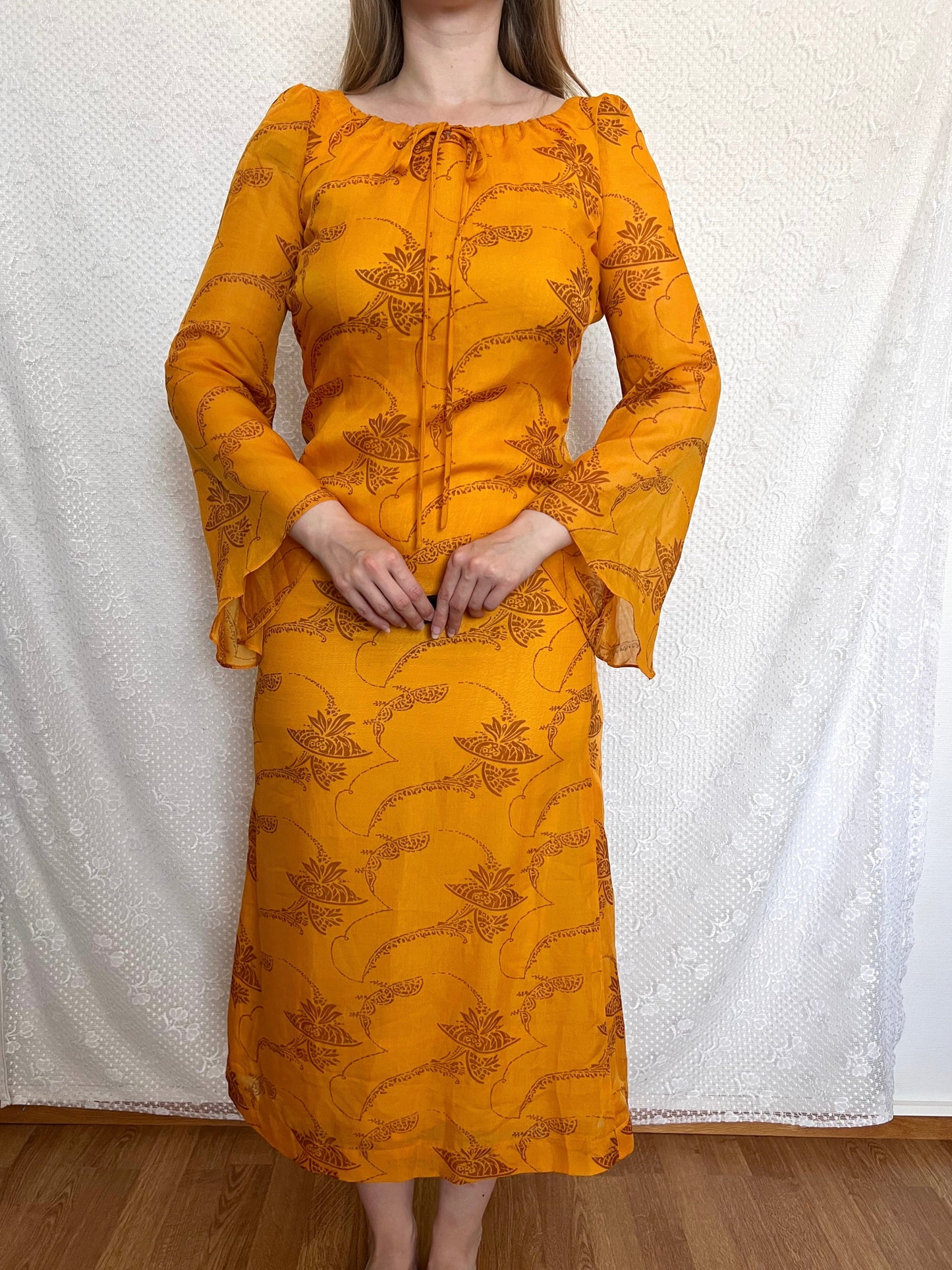 70s orange bell sleeves dress, Size XS