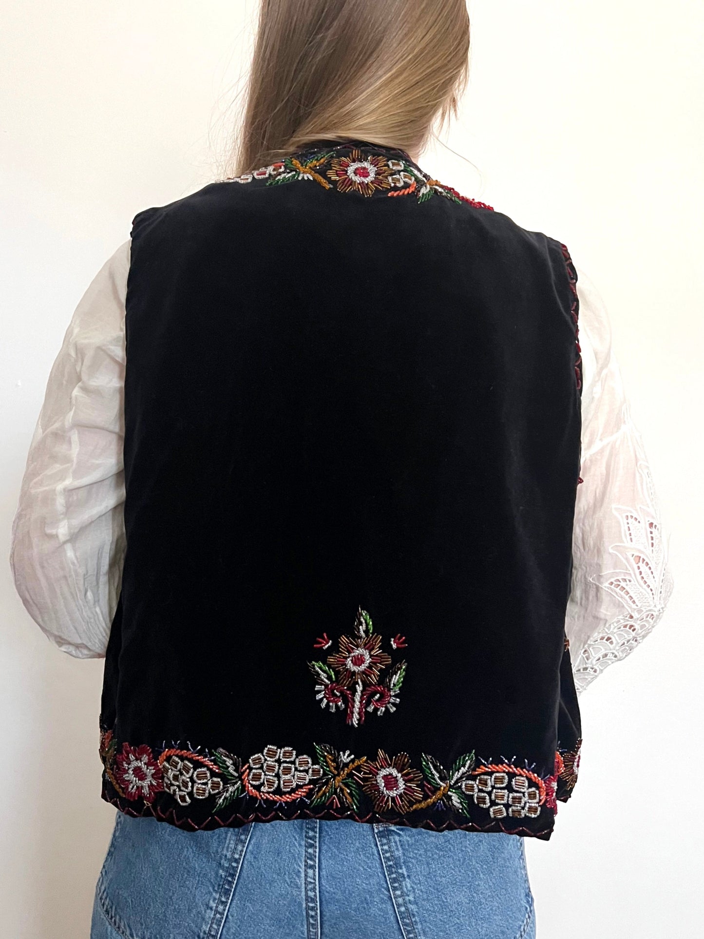 60s black velvet beaded vest, Size M-L