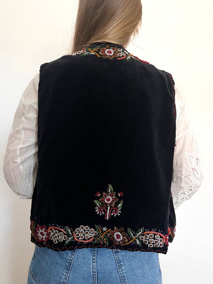 60s black velvet beaded vest, Size M-L