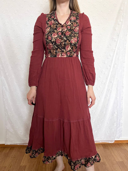 70s floral and burgandy dress, Size M