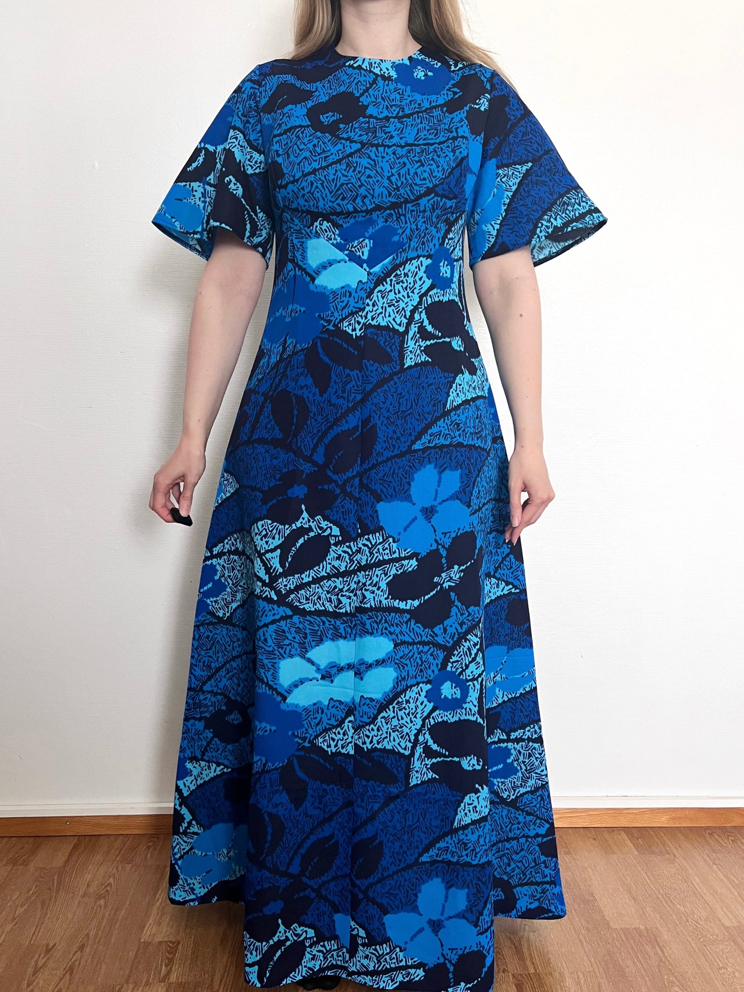 70s blue floral maxi dress, Size S-M