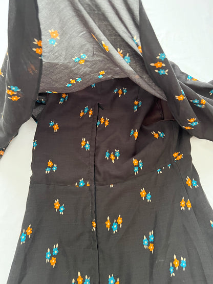 70s black floral cape dress, Size S
