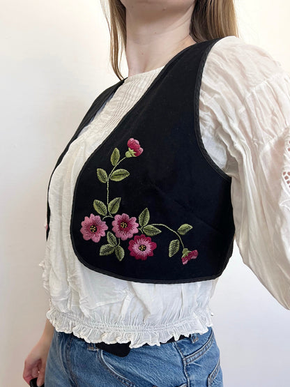 70s black and pink floral vest, Size S-M