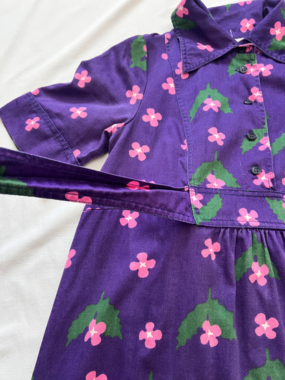 70s purple floral cotton, dress, Size XS-S