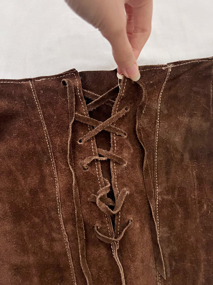 70s brown suede lace up skirt, Size XS