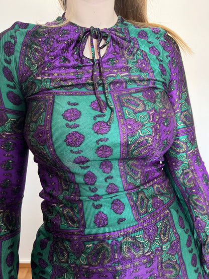 60s green and purple paisley top, Size XS