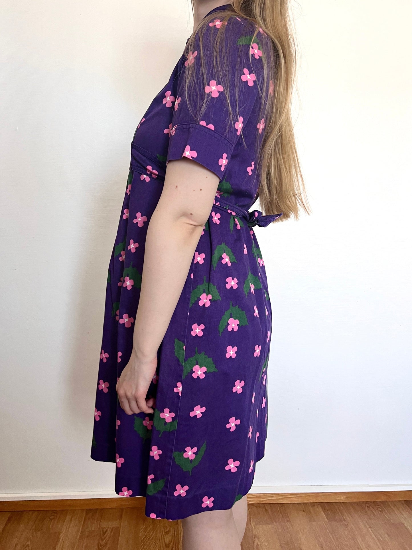 70s purple floral cotton, dress, Size XS-S
