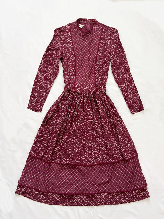 70s prairie inspired burgundy dress, Size XXS-XS