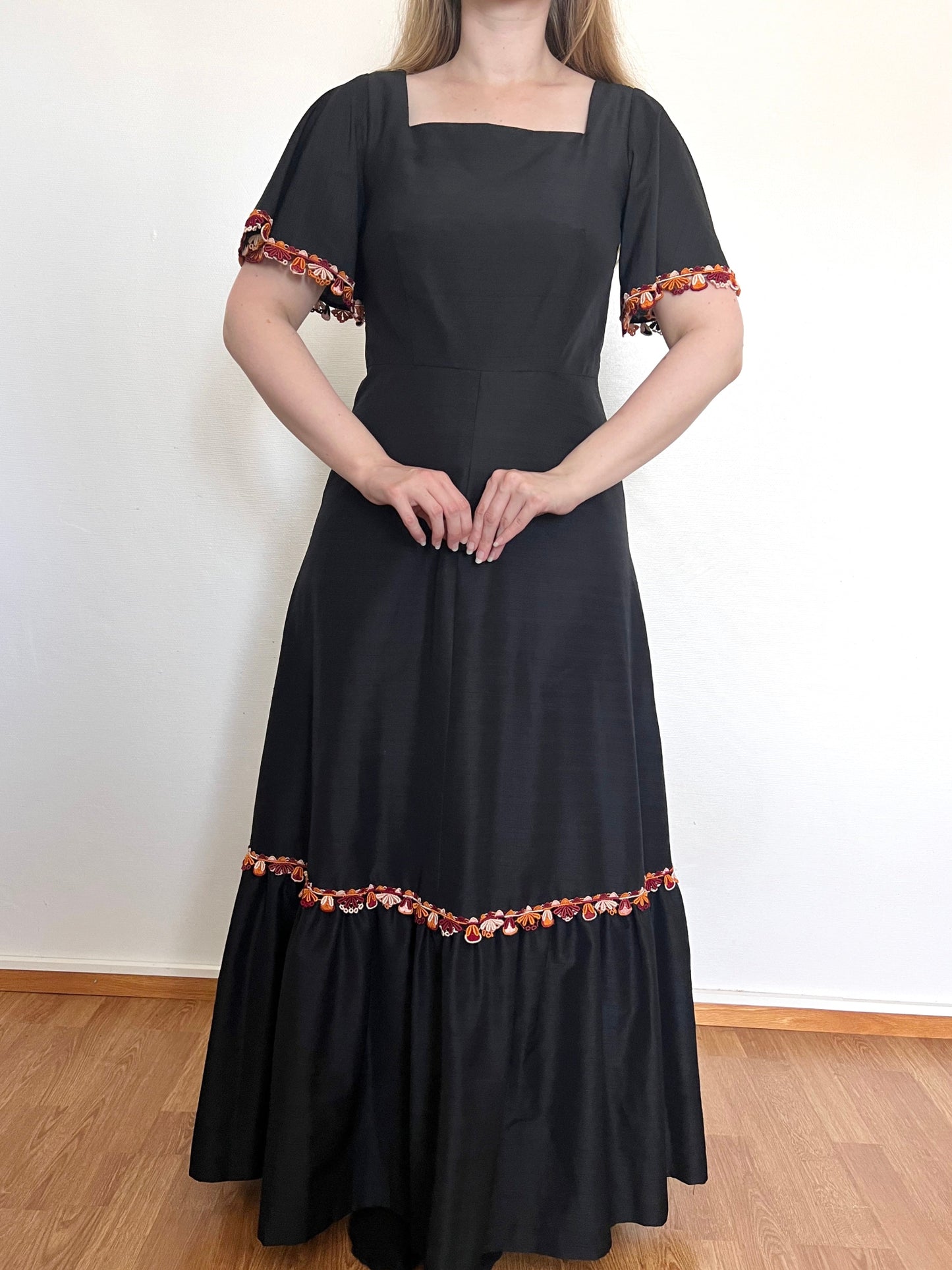 60s black square neckline dress, Size S