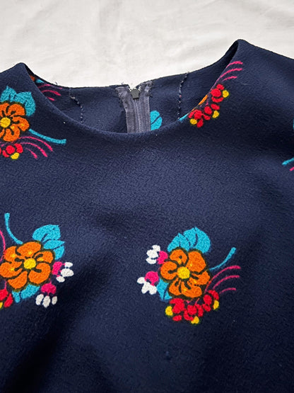60s blue flower dress, Size M