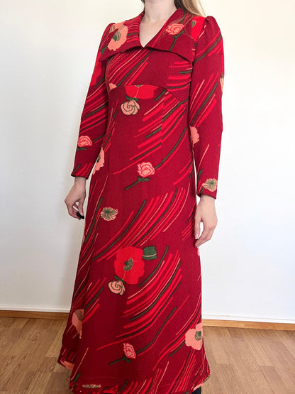 70s red flower maxi dress, Size M