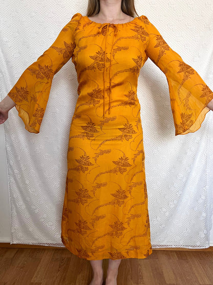 70s orange bell sleeves dress, Size XS