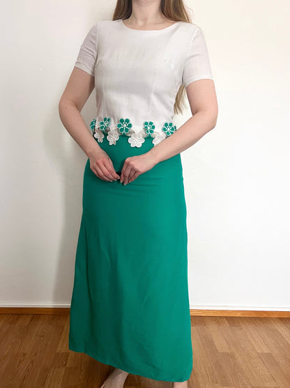 70s white and green maxi dress, Size XS-S