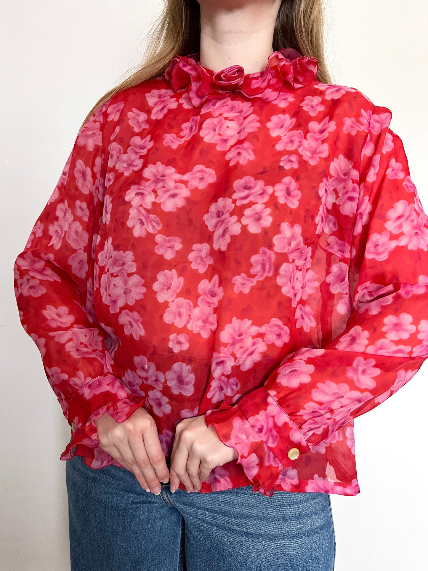 Red and pink floral blouse, Size XL