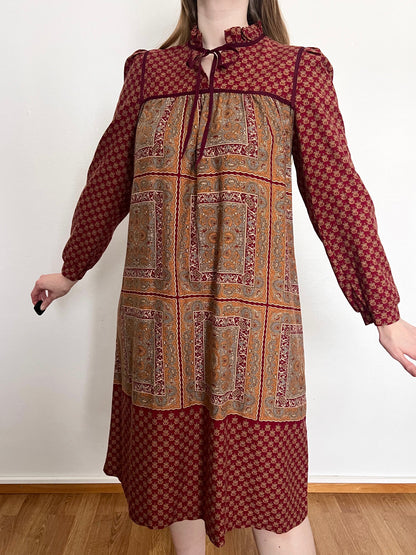 70s burgundy prairie dress, Size S