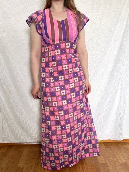 70s pink and purple flower power dress, Size S