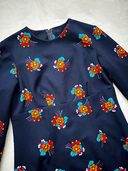 60s blue flower dress, Size M