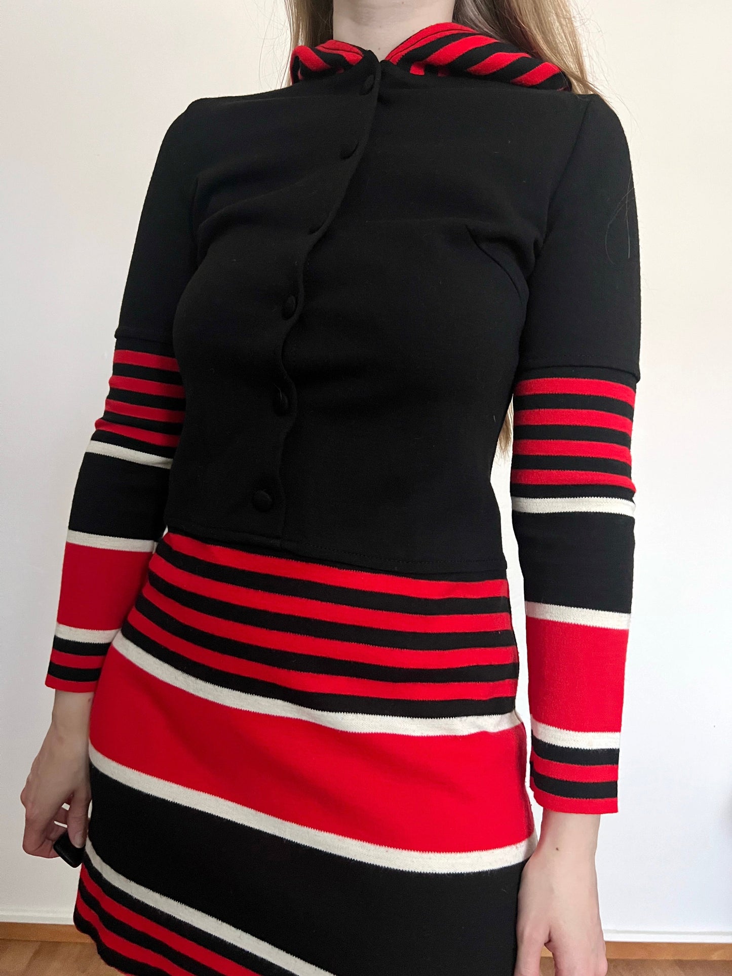 70s black striped hooded dress, Size S