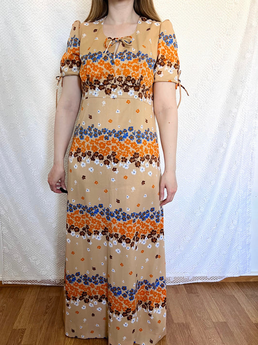 70s beige floral dress, Size M