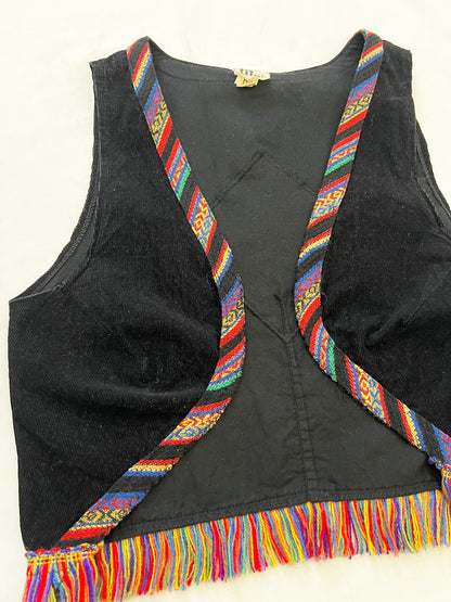 70s black vest with colorful fringe, Size XS