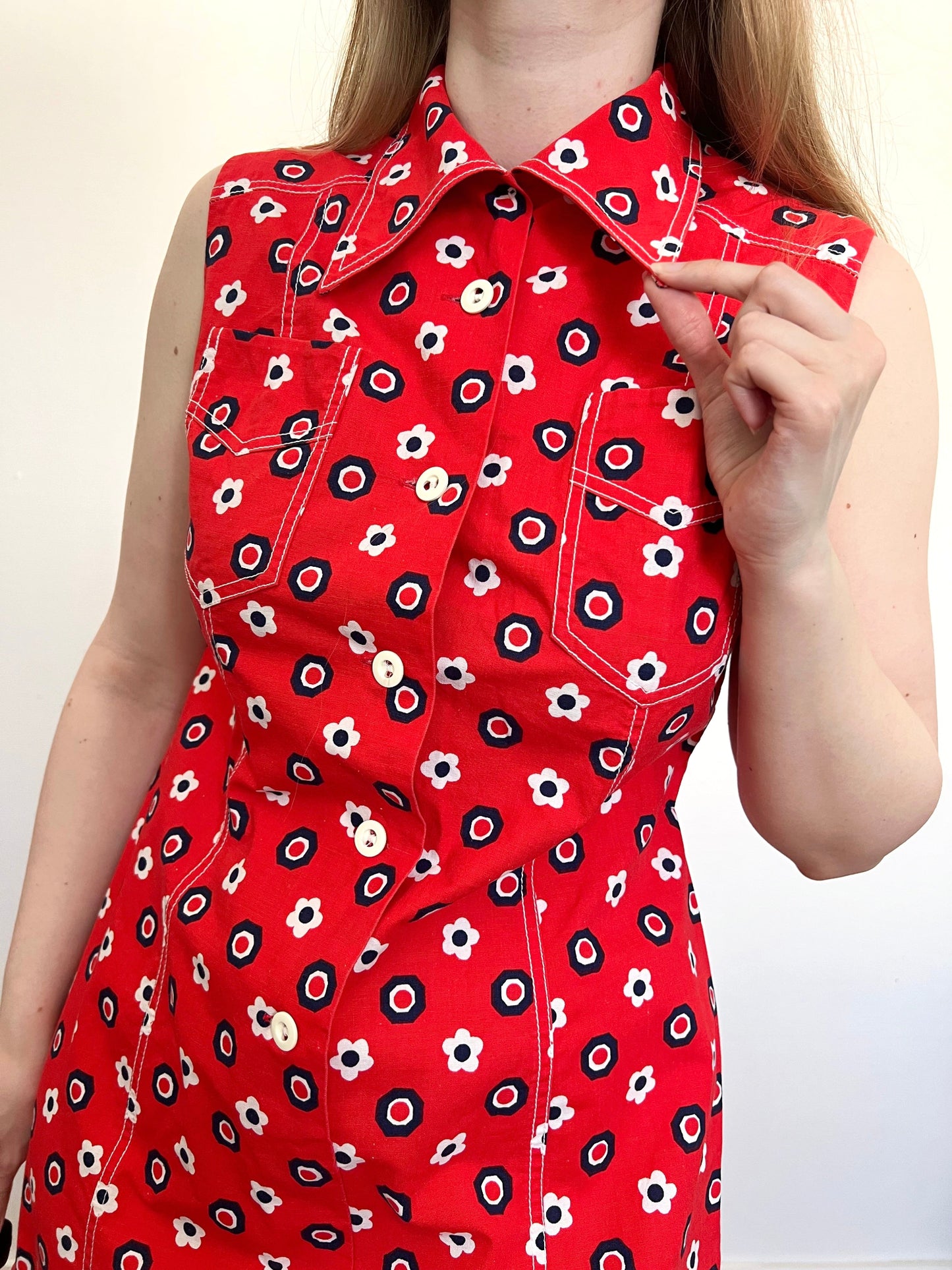 60s red flower mini dress, Size M