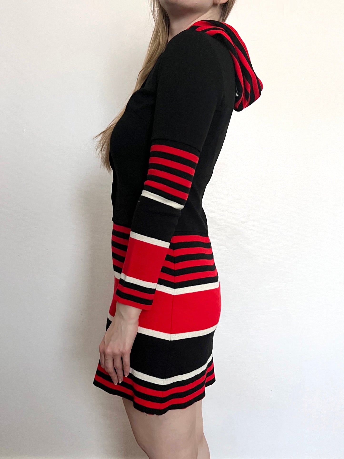 70s black striped hooded dress, Size S