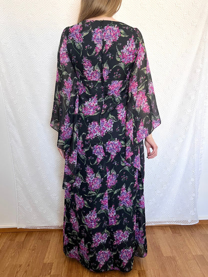 70s floral dramatic sleeves dress, Size XS