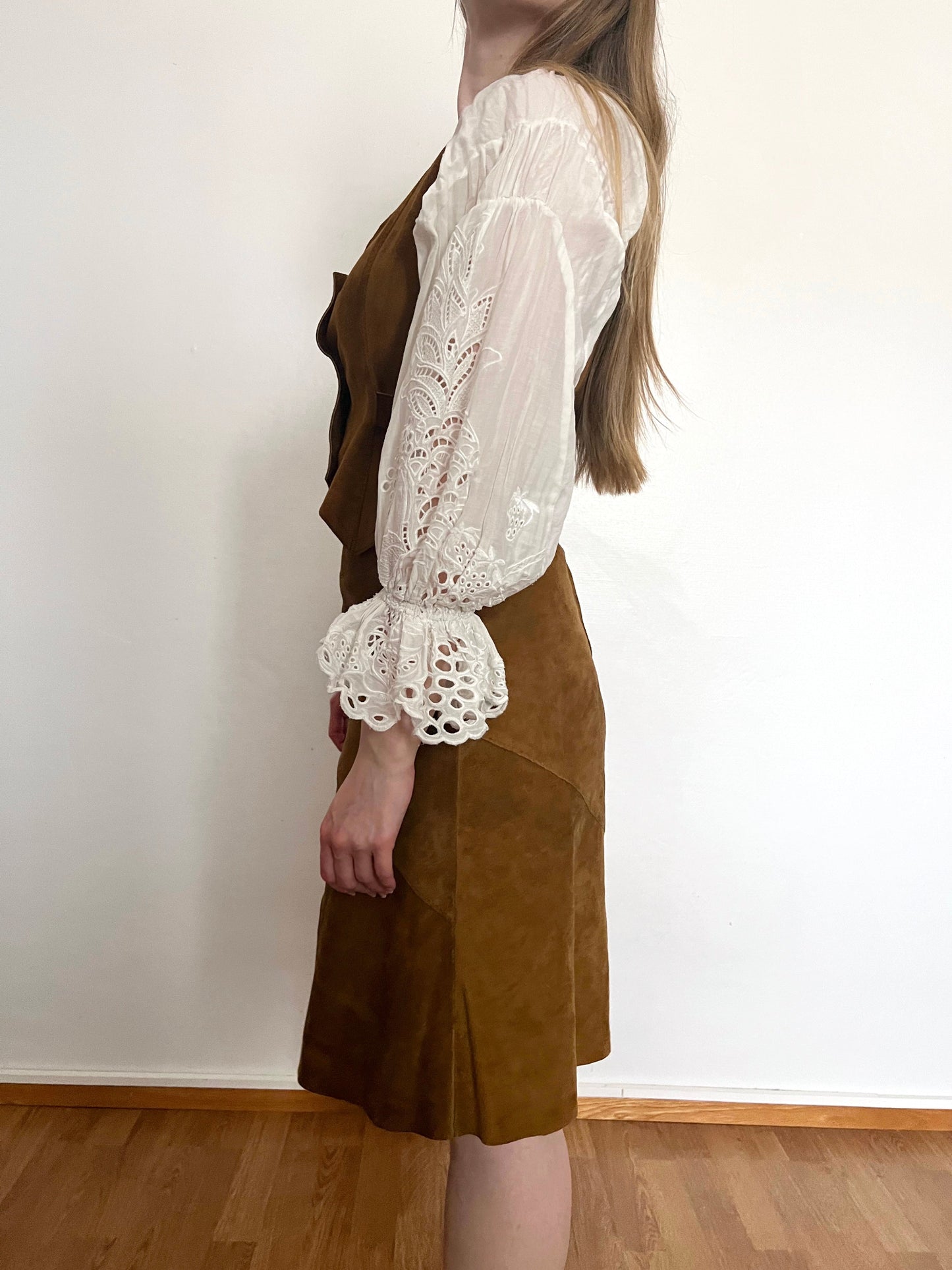 70s brown suede vest and skirt set, Size S