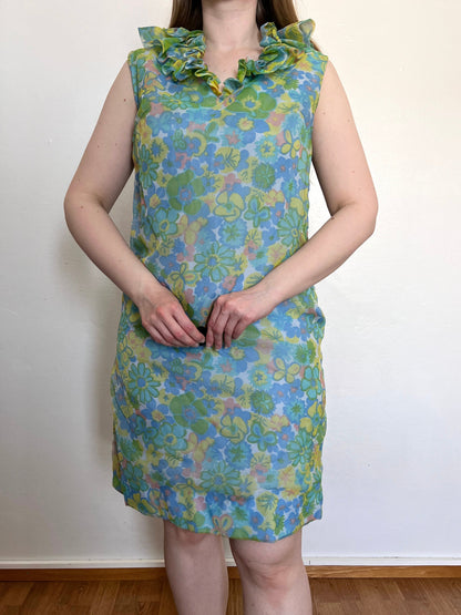 60s floral ruffle dress, Size M-L