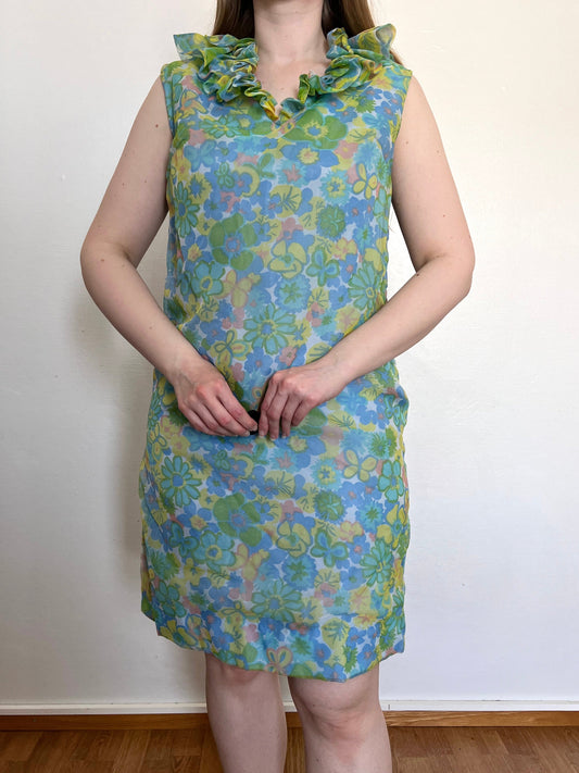 60s floral ruffle dress, Size M-L