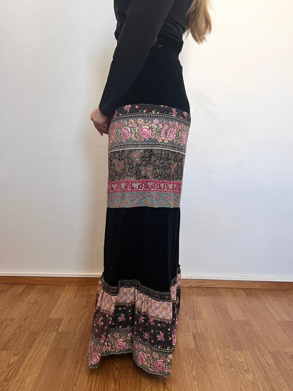 70s velvet and floral maxi skirt, Size S