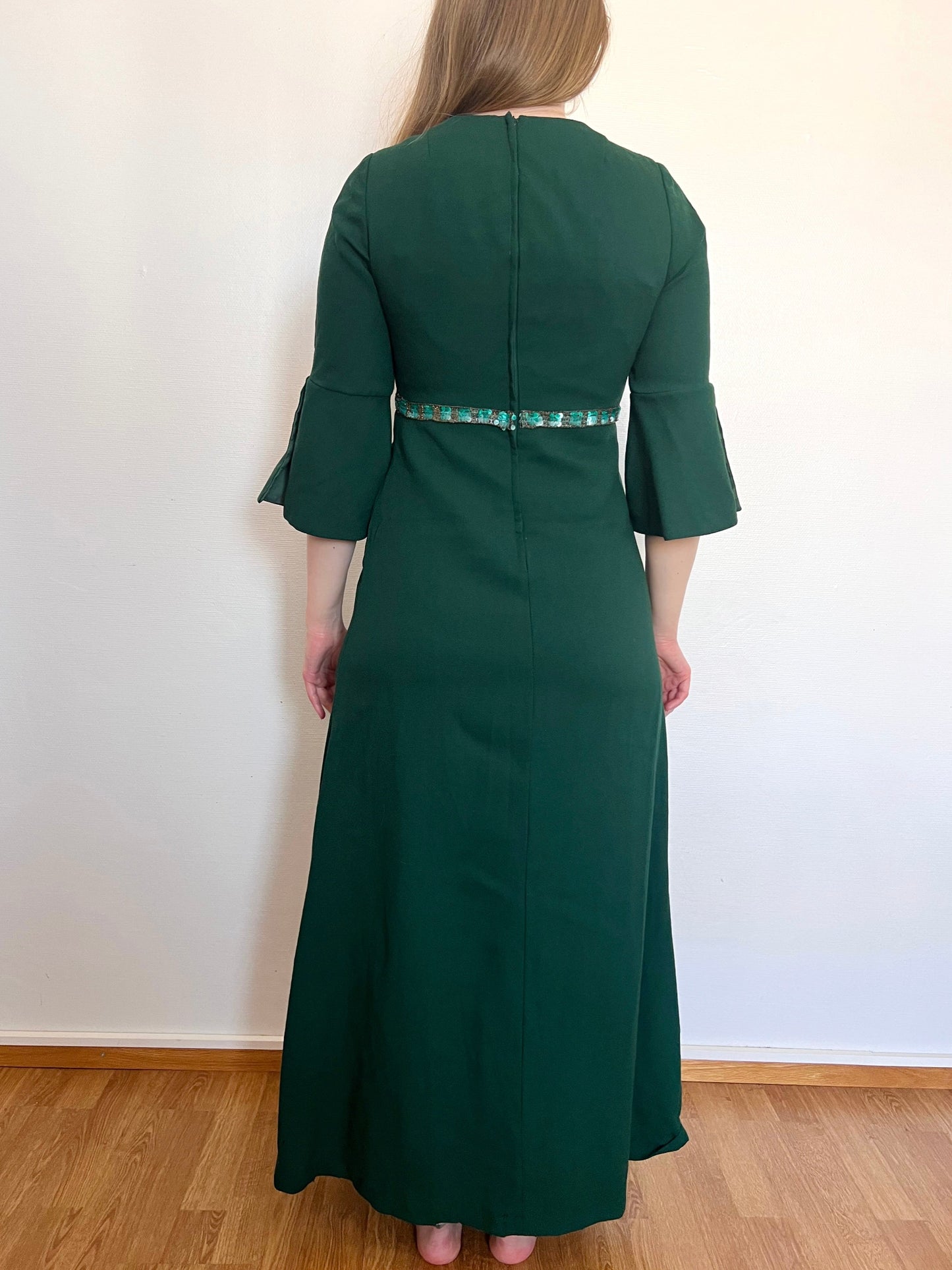 70s green flared sleeves dress, Size S