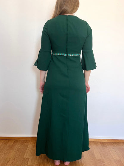 70s green flared sleeves dress, Size S