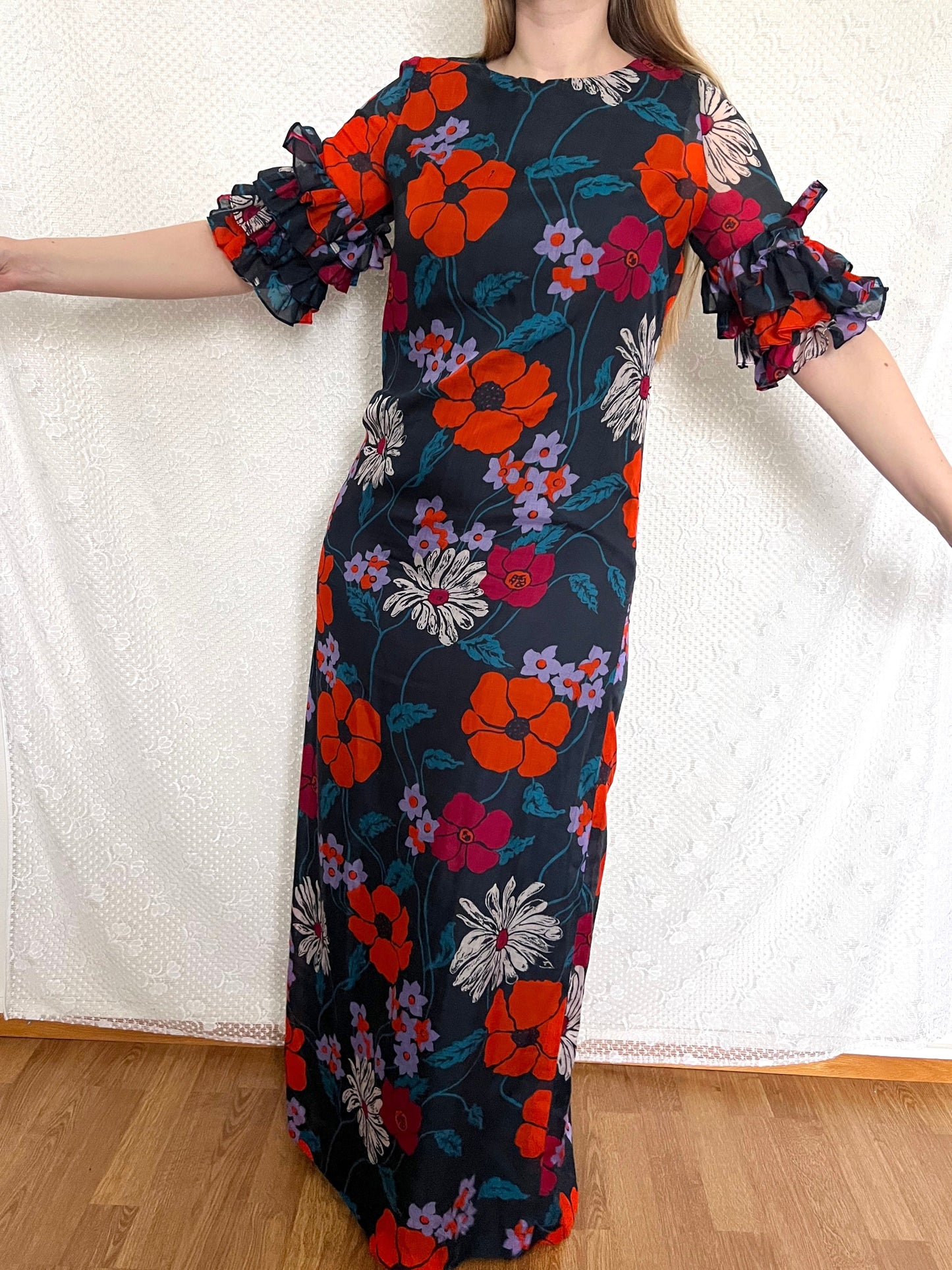 70s ruffle sleeves floral dress, Size S-M