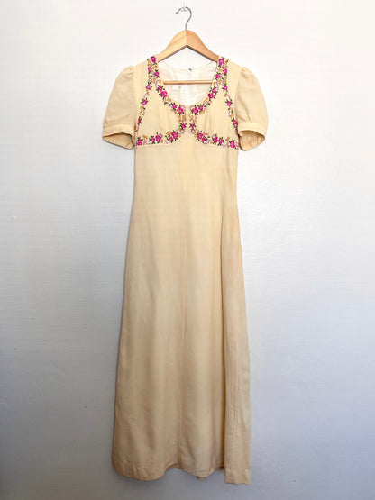 Maxi cream dress with floral embroidery, Size XS